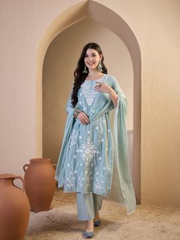 INDDUS - Blue Women Floral Thread Embroidered Kurta and Pant with Dupatta