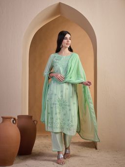 INDDUS - Women Floral Thread Green Embroidered Kurta and Pant with Dupatta