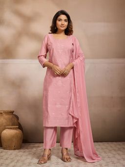 INDDUS - Women Pink Floral Thread Embroidered Kurta and Pant with Dupatta