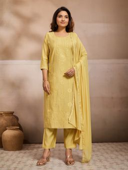 INDDUS - Women Floral Thread Embroidered Mustard Kurta and Pant with Dupatta