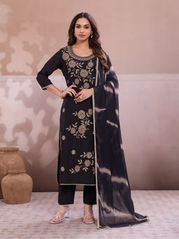 INDDUS - Women Floral Thread Embroidered Black Kurta and Pant with Dupatta