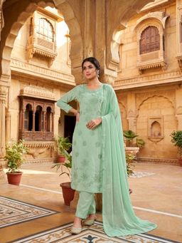 INDDUS - Green Women Floral Thread Embroidered Kurta and Pant with Dupatta
