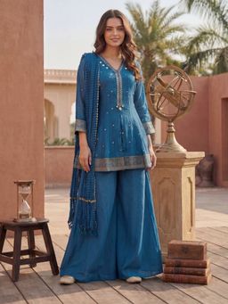 KAFTANIZE - Women Blue Cotton Embroidered Kurta with Palazzo and Dupatta