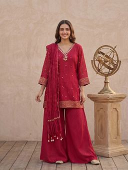 KAFTANIZE - Women Red Cotton Embroidered Kurta with Palazzo and Dupatta