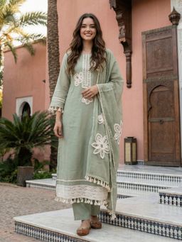 KAFTANIZE - Women Green Cotton Embroidered Kurta with Trouser and Dupatta