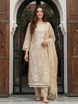 KAFTANIZE - Women Beige Cotton Embroidered Kurta with Trouser and Dupatta
