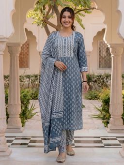 KAFTANIZE - Women Blue Cotton Blend Abstract Kurta with Trouser and Dupatta