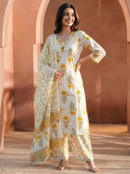 KAFTANIZE - Women Yellow Cotton Blend Floral Kurta with Trouser and Dupatta