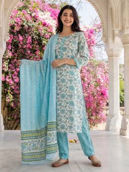 KAFTANIZE - Women Blue Cotton Blend Floral Kurta with Trouser and Dupatta
