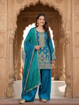 KAFTANIZE - Women Teal Viscose Rayon Embroidered Kurta with Palazzo and Dupatta