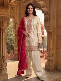 KAFTANIZE - Women Cream Viscose Rayon Embroidered Kurta with Palazzo and Dupatta