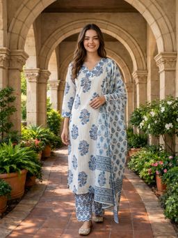 KAFTANIZE - Women Blue Cotton Blend Floral Kurta with Trouser and Dupatta