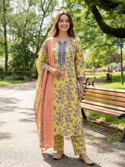 KAFTANIZE - Women Yellow Cotton Blend Floral Kurta with Trouser and Dupatta