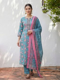 KAFTANIZE - Women Blue Cotton Blend Floral Kurta with Trouser and Dupatta