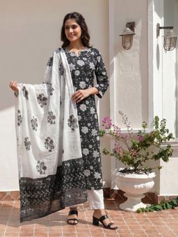 KAFTANIZE - Women Black Cotton Blend Floral Kurta with Trouser and Dupatta
