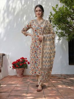 KAFTANIZE - Women Multi-Color Cotton Blend Floral Kurta with Trouser and Dupatta