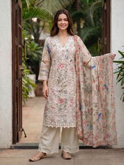 KAFTANIZE - Women Multi-Color Cotton Blend Embroidered Kurta with Trouser and Dupatta