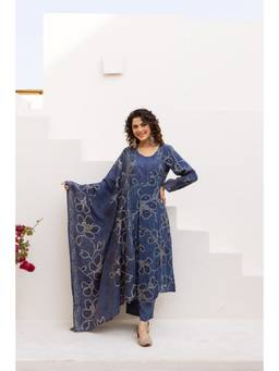Nehamta - Women Blue Chanderi Floral Kurta with Pant and Dupatta