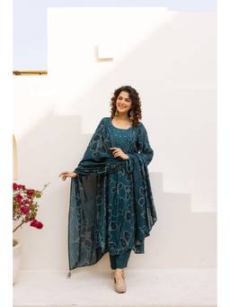 Nehamta - Women Teal Chanderi Floral Kurta with Pant and Dupatta