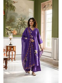 Nehamta - Women Purple Cotton Floral Kurta with Palazzo and Dupatta