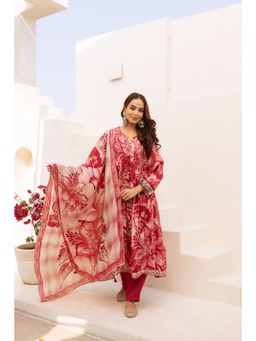 Nehamta - Women Red Chanderi Floral Kurta with Pant and Dupatta