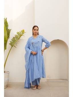 Nehamta - Women Blue Cotton Embroidered Kurta with Pant and Dupatta