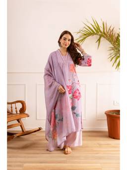 Nehamta - Women Lavender Linen Floral Kurta with Palazzo and Dupatta