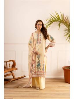 Nehamta - Women Cream Linen Floral Kurta with Palazzo and Dupatta