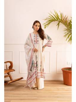 Nehamta - Women Off White Linen Floral Kurta with Palazzo and Dupatta