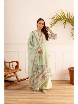 Nehamta - Women Green Linen Floral Kurta with Palazzo and Dupatta
