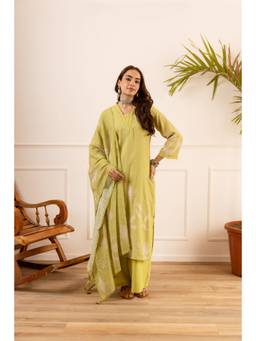 Nehamta - Women Green Linen Printed Kurta with Palazzo and Dupatta