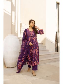 Nehamta - Women Purple Cotton Floral Kurta with Pant and Dupatta