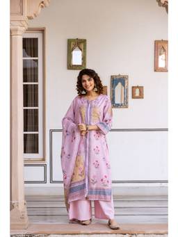 Nehamta - Women Pink Linen Printed Kurta with Palazzo and Dupatta