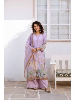 Nehamta - Women Lavender Linen Floral Kurta with Palazzo and Dupatta