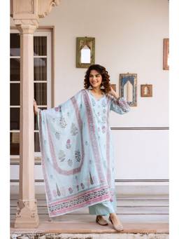 Nehamta - Women Blue Linen Floral Kurta with Palazzo and Dupatta