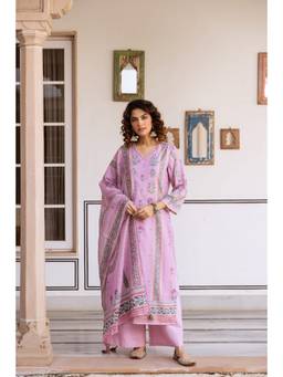 Nehamta - Women Pink Linen Floral Kurta with Palazzo and Dupatta