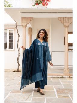 Nehamta - Women Teal Cotton Embroidered Kurta with Pant and Dupatta