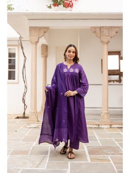 Nehamta - Women Purple Cotton Embroidered Kurta with Pant and Dupatta