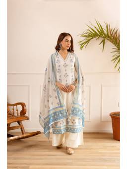 Nehamta - Women Off White Linen Floral Kurta with Palazzo and Dupatta