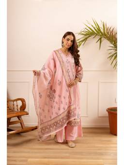 Nehamta - Women Pink Linen Floral Kurta with Palazzo and Dupatta