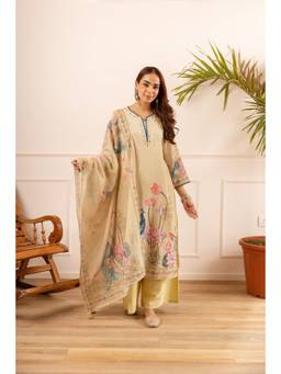 Nehamta - Women Yellow Linen Floral Kurta with Palazzo and Dupatta