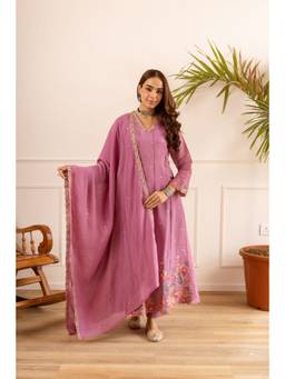 Nehamta - Women Pink Chanderi Embroidered Kurta with Pant and Dupatta