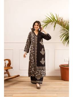 Nehamta - Women Black Viscose Rayon Floral Kurta with Palazzo