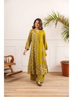 Nehamta - Women Mustard Viscose Rayon Floral Kurta with Palazzo