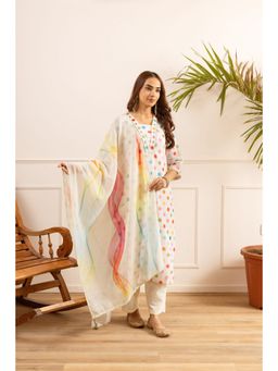 Nehamta - Women White Linen Polka Dots Kurta with Pant and Dupatta