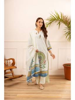 Nehamta - Women Off White Linen Floral Kurta with Palazzo and Dupatta