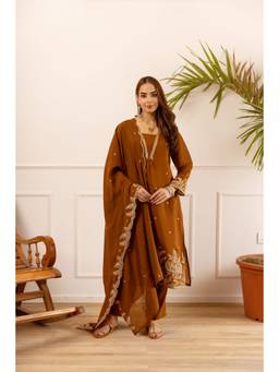 Nehamta - Women Brown Chanderi Embroidered Kurta with Pant and Dupatta