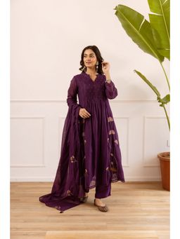 Nehamta - Women Purple Chanderi Embroidered Kurta with Pant and Dupatta