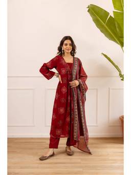 Nehamta - Women Maroon Chanderi Geometric Kurta with Pant and Dupatta