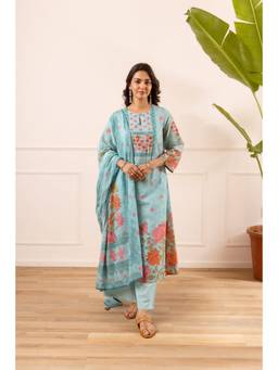 Nehamta - Women Blue Pure Cotton Floral Kurta with Palazzo and Dupatta